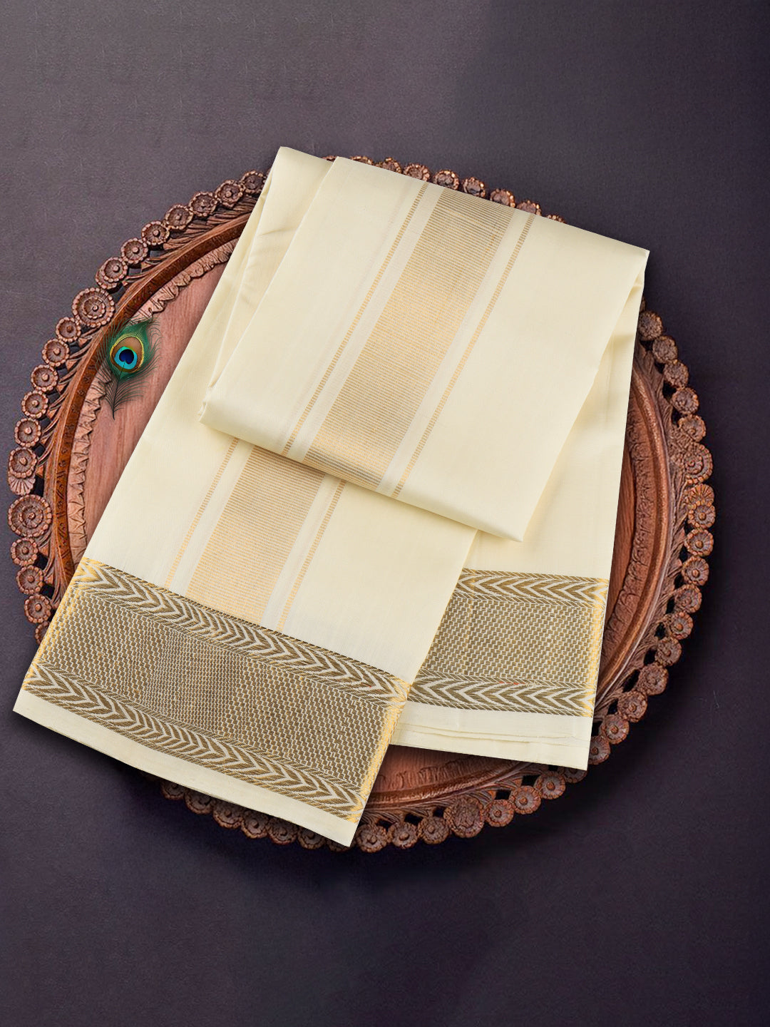 Men Pure Silk Cream Dhoti with 3 1/2 " inch Gold Jari Border Klasam