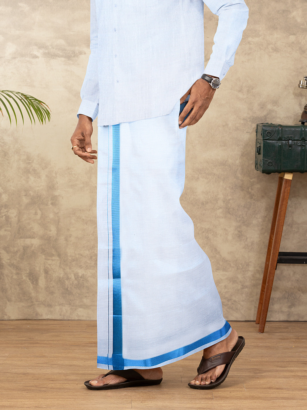 Men Tissue Readymade Single Layer Blue Dhoti with Jari Border Viceroy