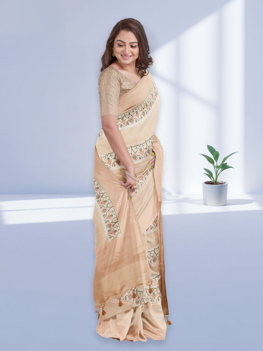 Women Peach Semi Tussar Printed Saree ST294
