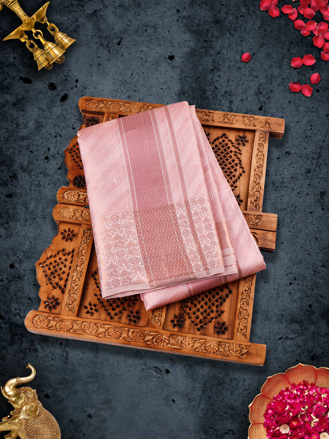 Pure Silk Embossed 5" Pink Jari Border Dhoti With Towel Thirukalyan-View one