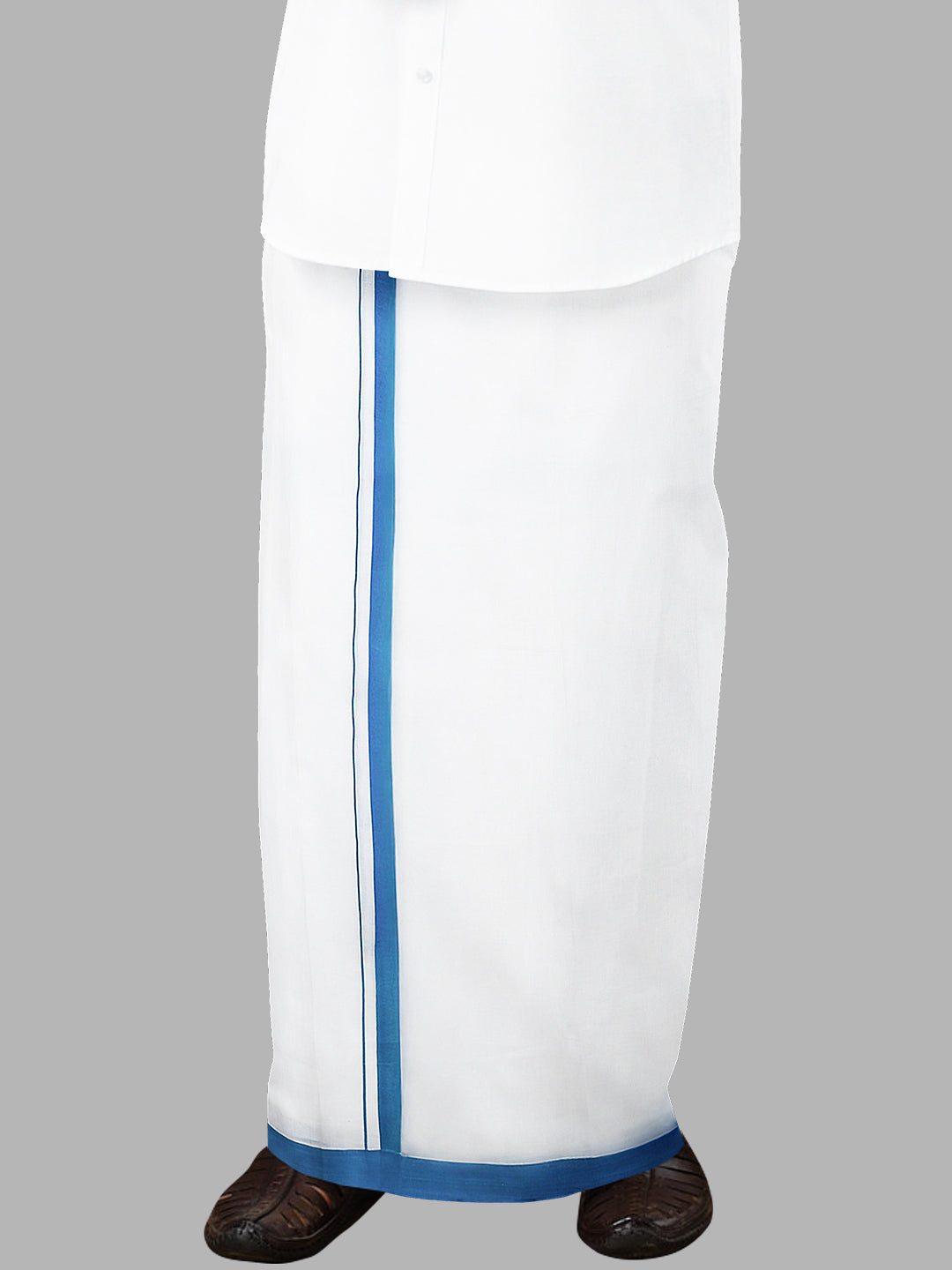 Men Blue Fancy Border Double Layer White Dhoti RS03