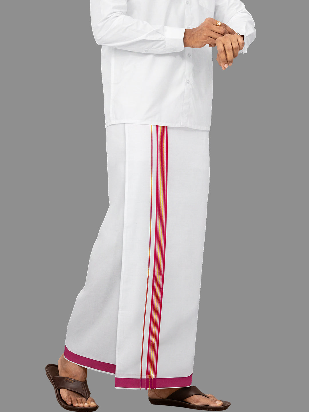 Men White with Pink Fancy Jari Border Single Layer Dhoti WGF02