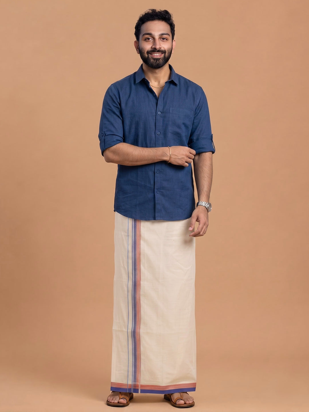 Double Layer Giza Cotton Cream Kora Dhoti with Colour Border - PKJ02