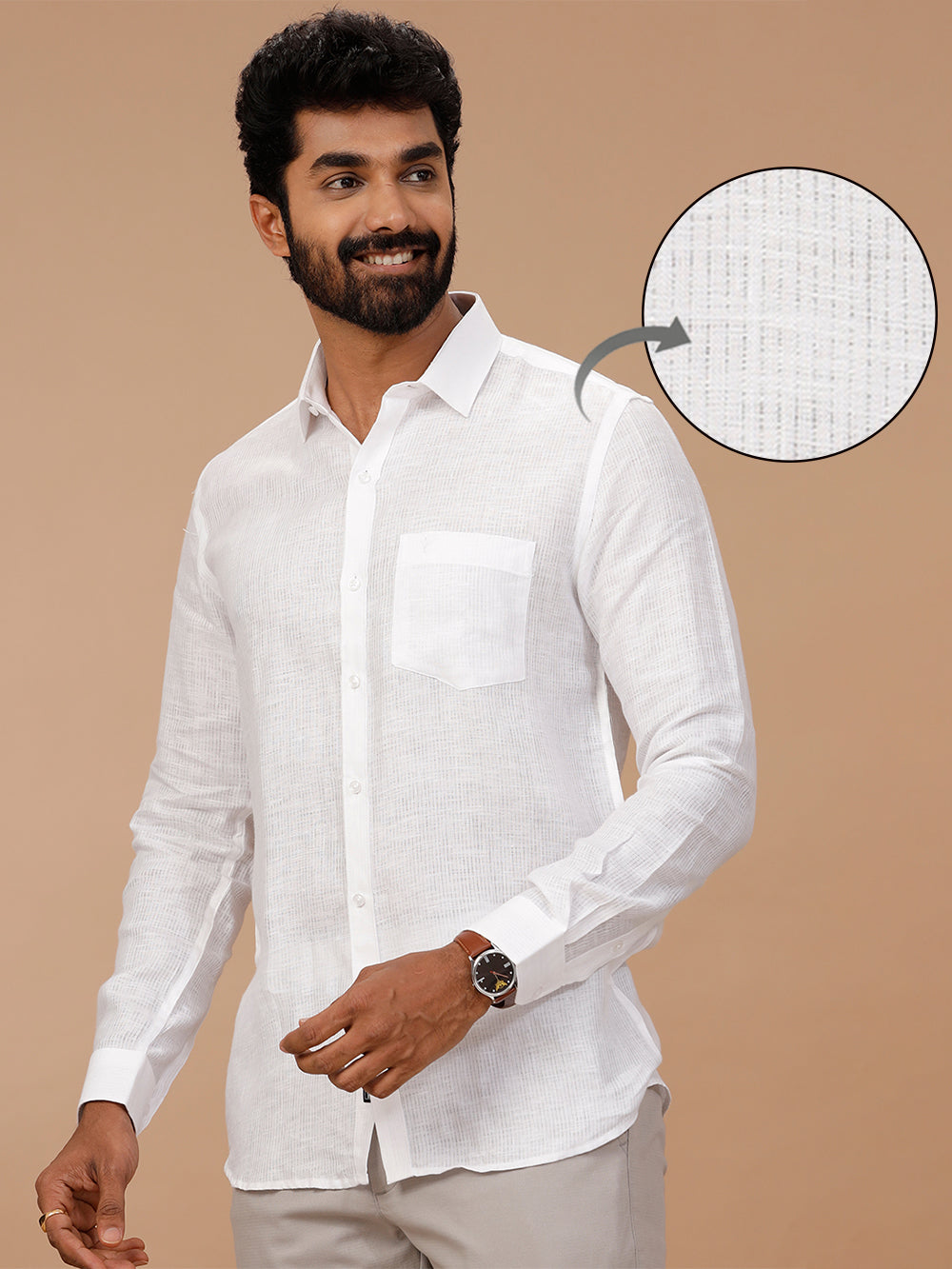 Men Pure Linen Self Design White Shirt 1538JF