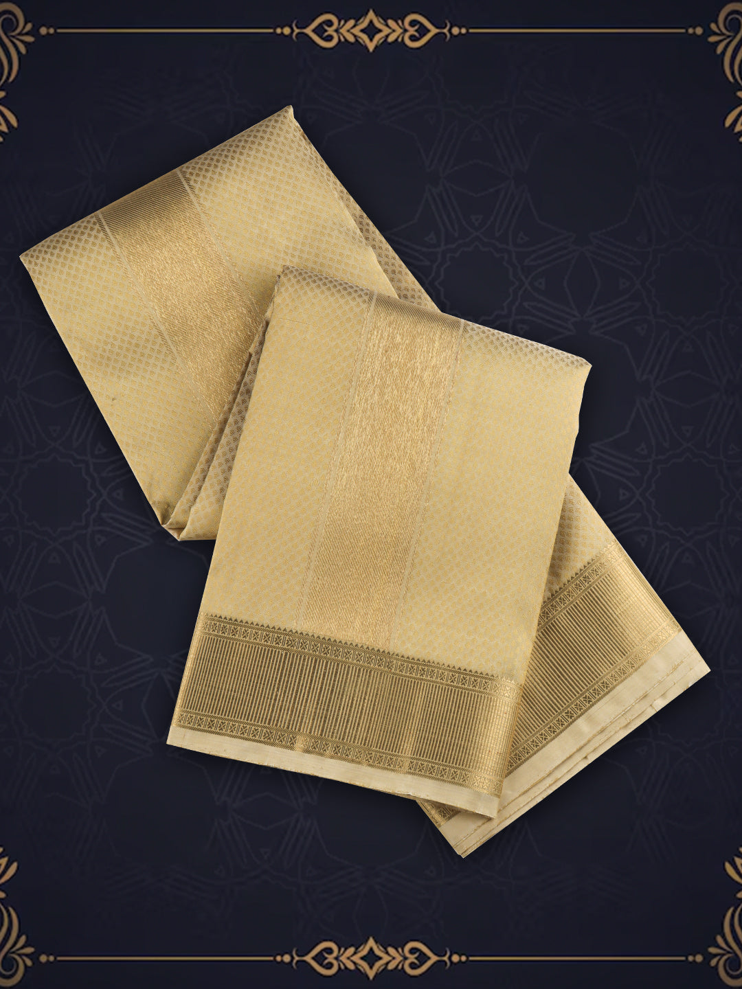 Men Pure Silk Dhoti and Towel Set with 2-gram Gold Jari Border Virutcham