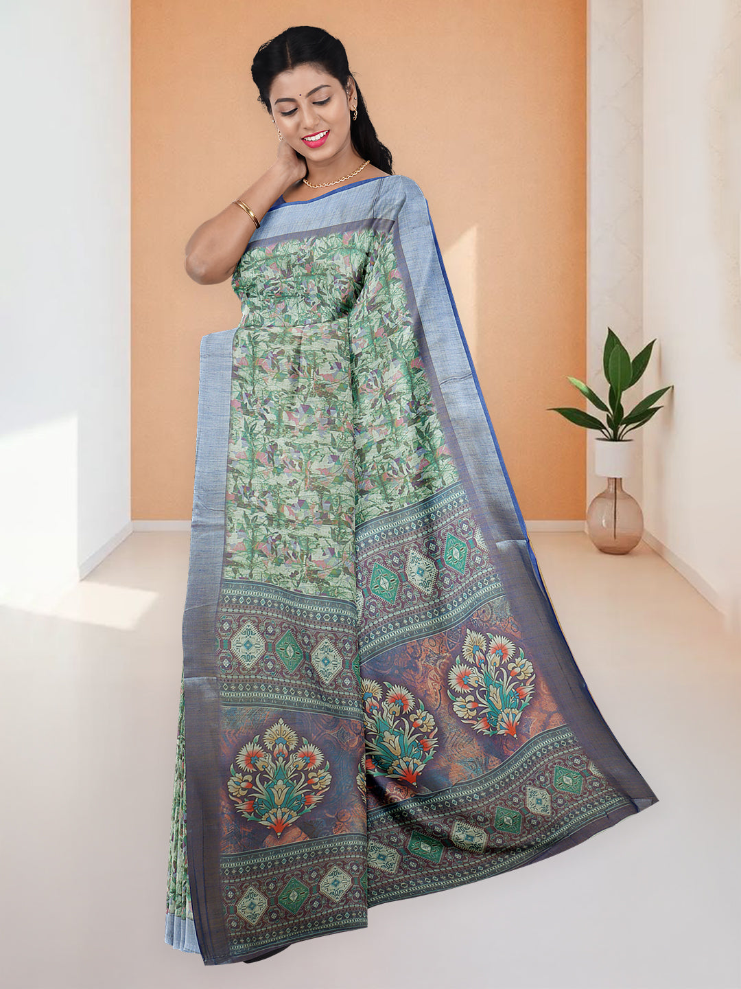 Women Green Semi Linen Saree SL227