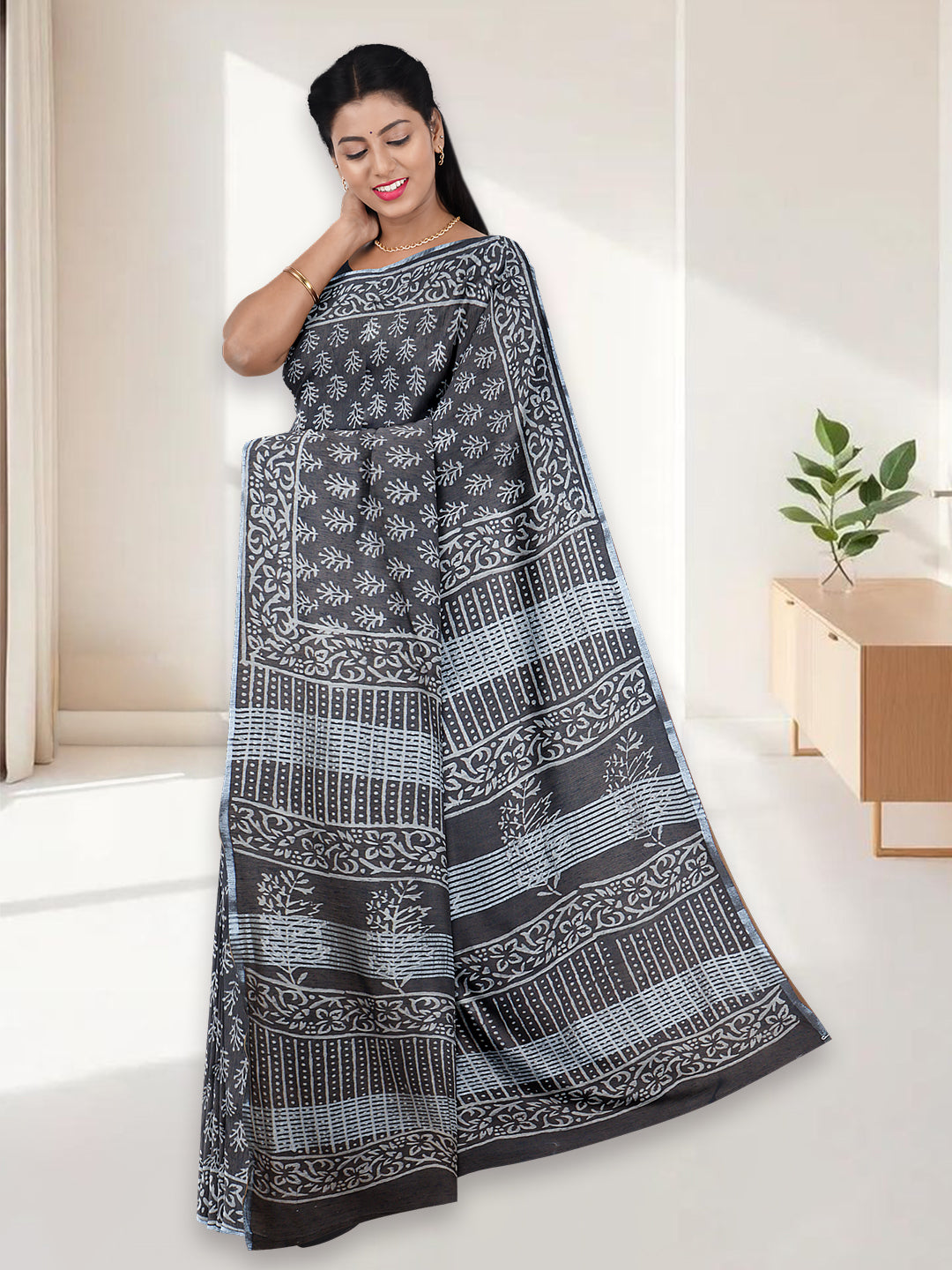 Women Dark Steel Grey Semi Tussar Printed Saree ST303