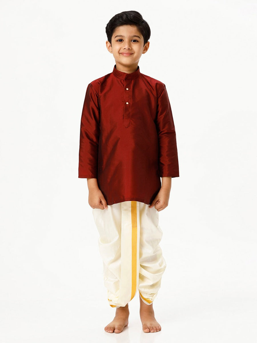 Boys Silk Cotton Full Sleeves Maroon Kurta with Panchakacham Combo