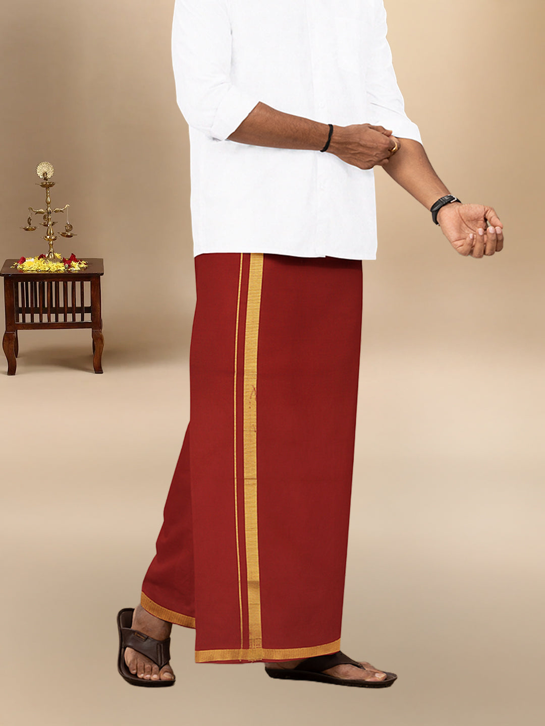 Men Cotton Blend Single Layer Dark Red Dhoti with Gold Jari Border Cosmic