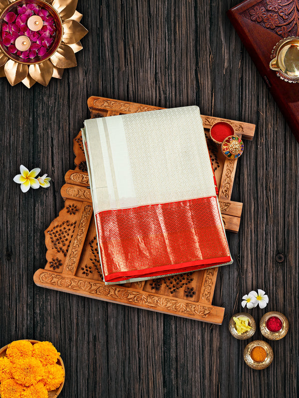 Premium Pure Silk Grey Dhoti With Angavastram 3" Red Fancy Jari Border Agarshanaa