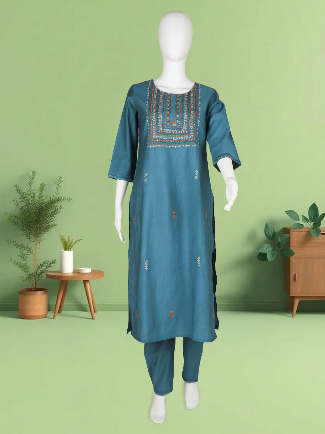 Women Silky Crush Embroidered Kurti Set Peacock Green EKS86