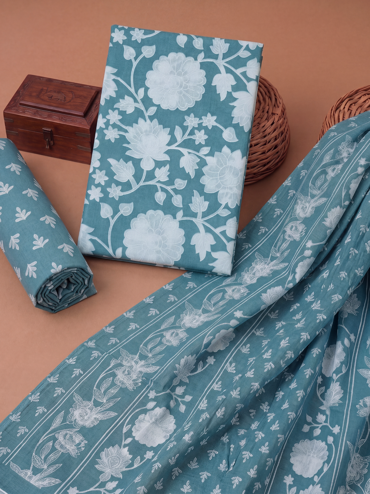 Women Pure Cotton Printed Teal Green Dress Material DM393