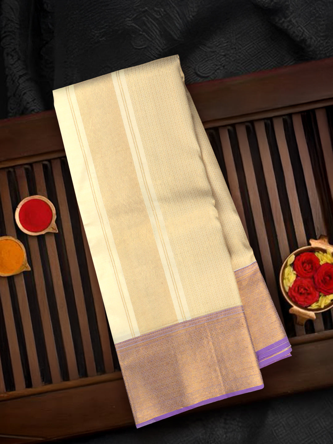 Men Premium Pure Silk Dhoti & Towel Set with 6" inch Gold Jari Border Amirtham AM9