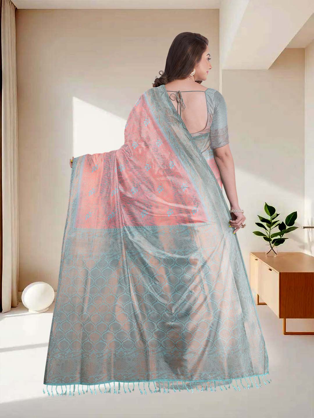 Women Peach with Green Art Silk Printed Saree ASS55