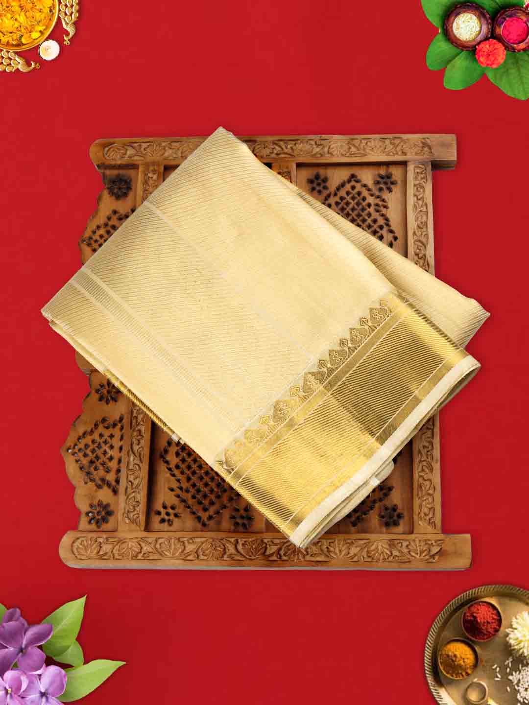 Mens Pure Silk Fawn 4" Gold Jari Border Dhoti with Towel Amirtham-view one