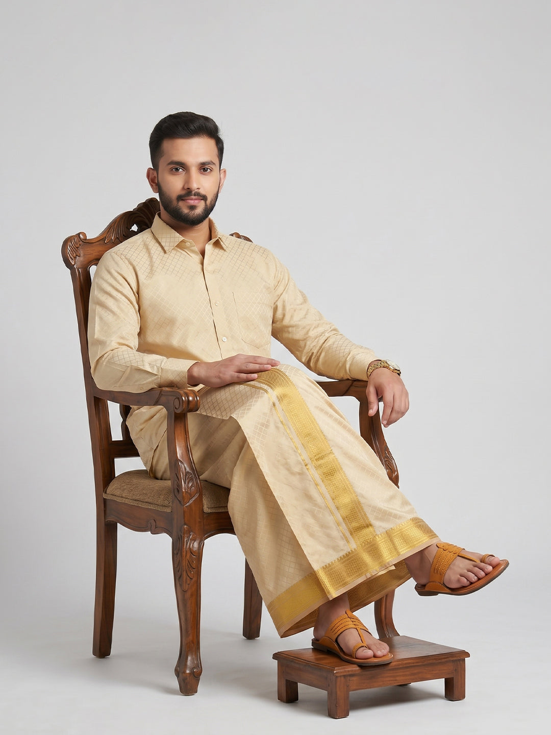 Art Silk Fresh Peach Jacquard Design Shirt Dhoti & Towel Set - FPJD1