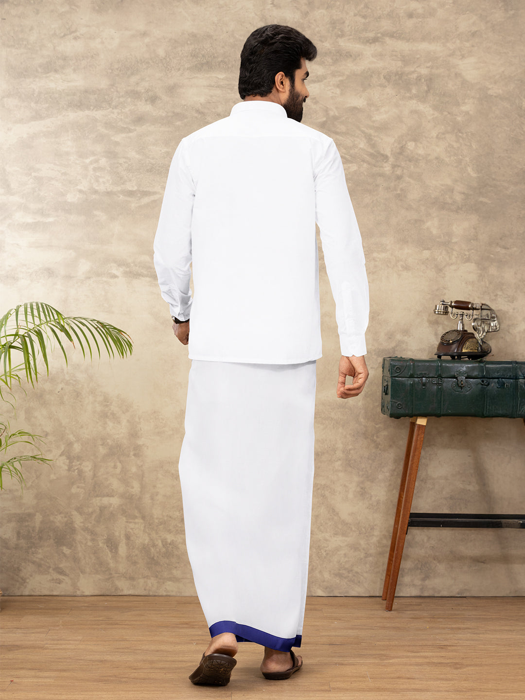 Men 100% Cotton Double Layer White Dhoti with Big Border RFS01