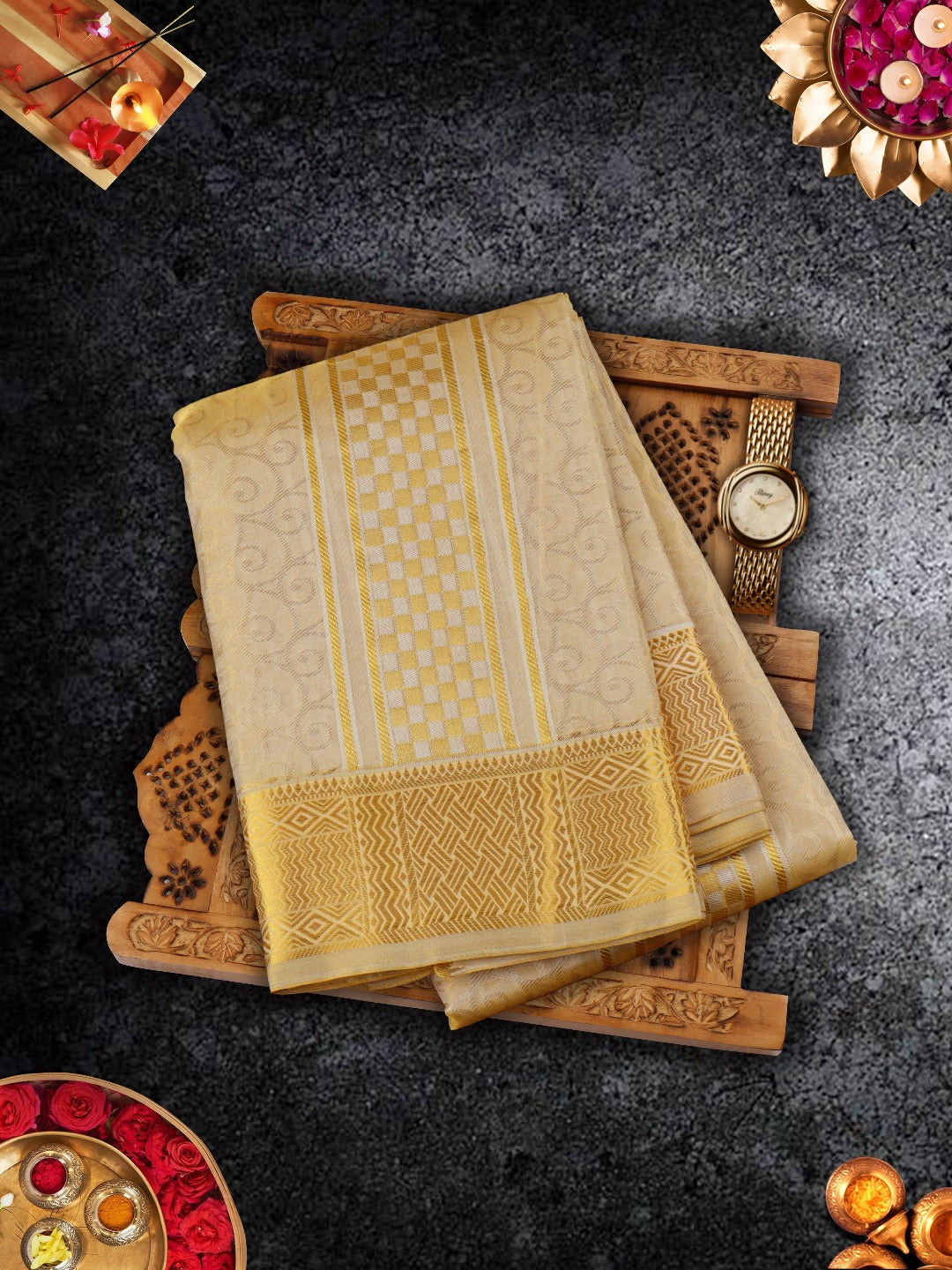 Pure Silk Tissue Colour 3" Gold Jari Border Dhoti With Towel Thirukalyan Emb Tissue