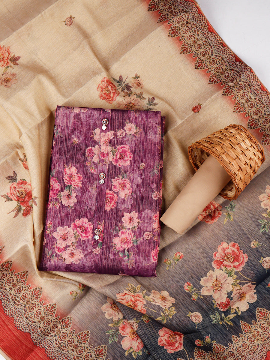 Women Violet & Sandal Flower Digital Print Unstitched Semi Raw Silk Cotton Dress Material DM105