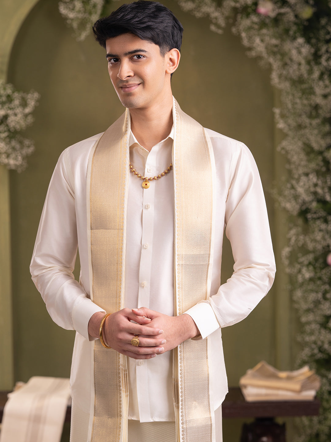 Pure Silk Cream Jangla Design Weaving Wedding Dhoti & Towel Set with  3" Jari Border – Virutcham