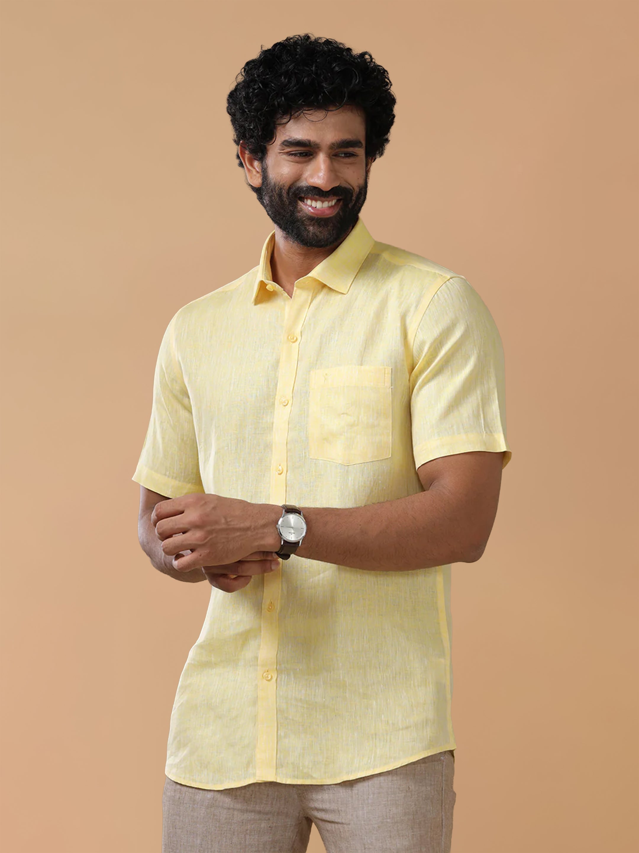 Pure Linen Pale Yellow Smart Fit Shirt L5
