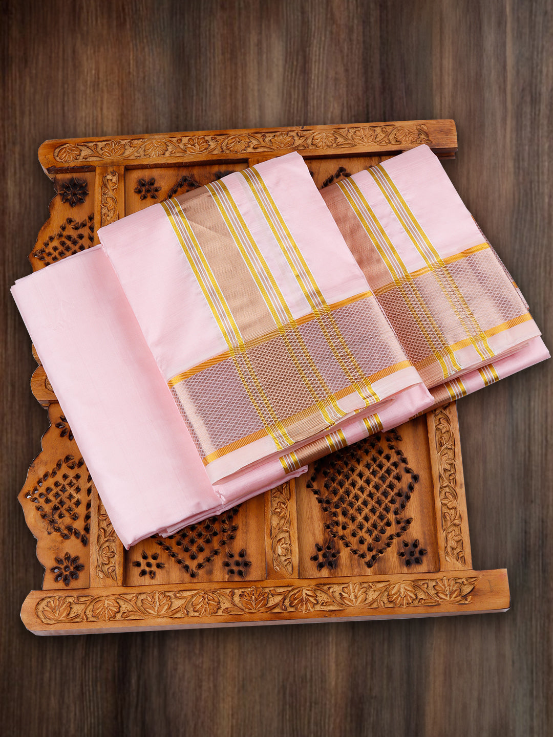 Premium Pure Silk Baby Pink Plain Shirt Bit with 3" jari Gold Fancy & Angavasthram Set Rajahamsa