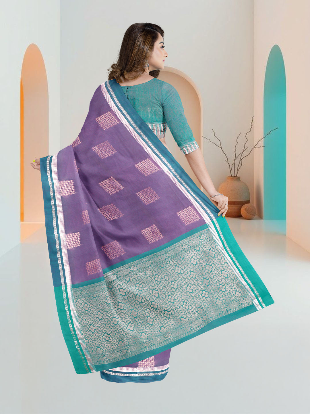 Women Dark Purple Kora Cotton Saree SK136