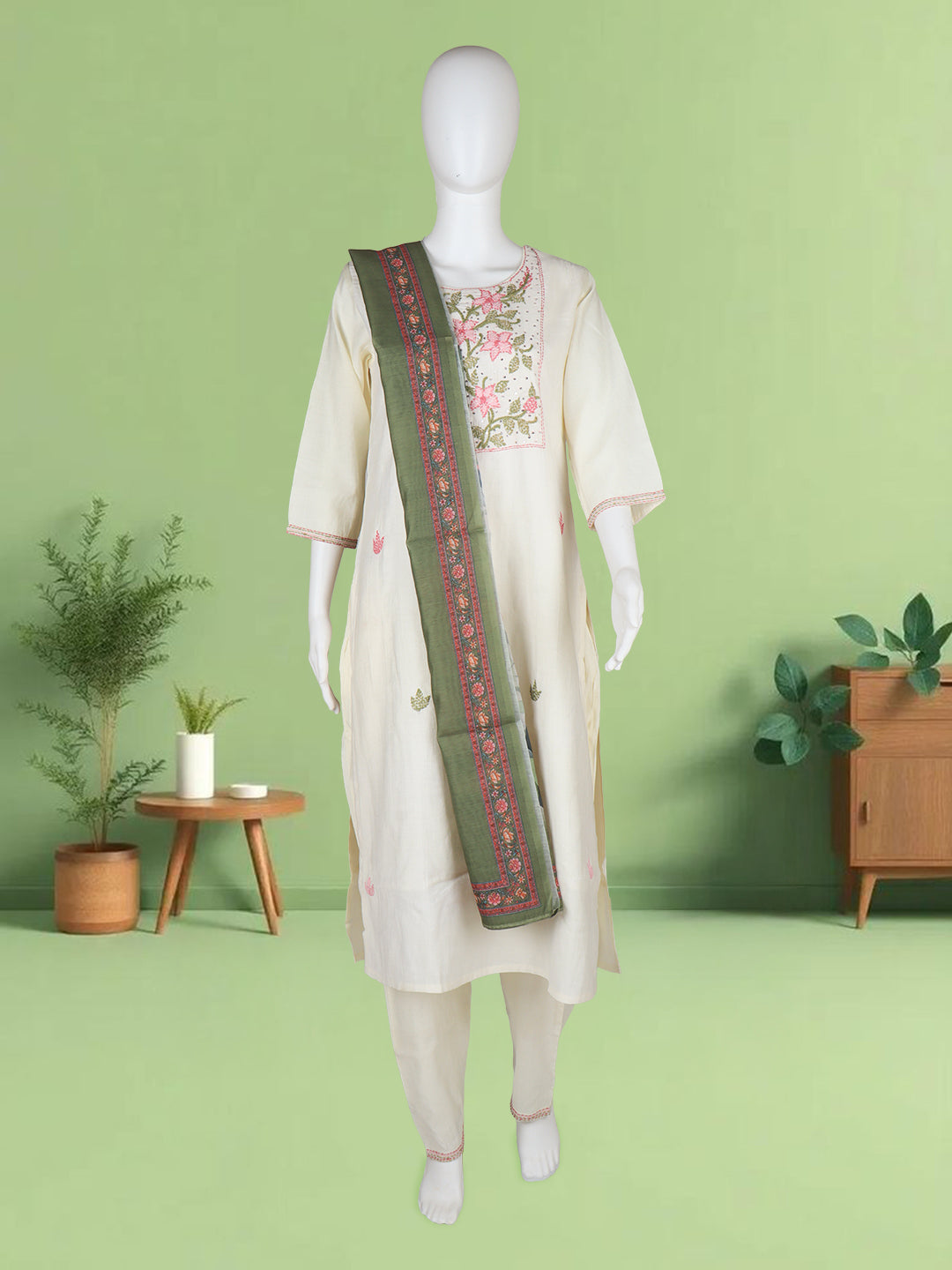 Women Silky Crush Embroidered Kurti Set Cream EKS88