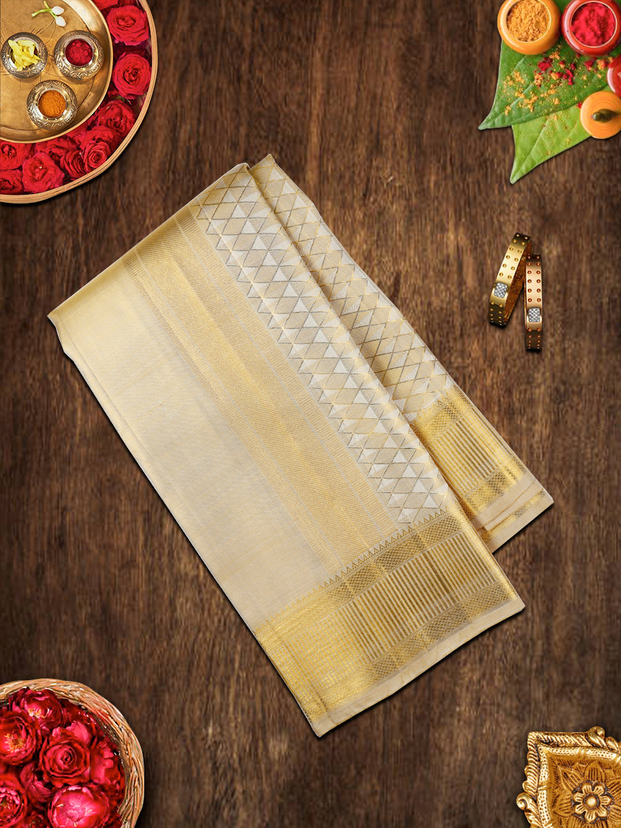Premium Pure Silk Tissue Jari Dhoti With Angavastram 5" Gold Jari Border Agarshanaa-View two