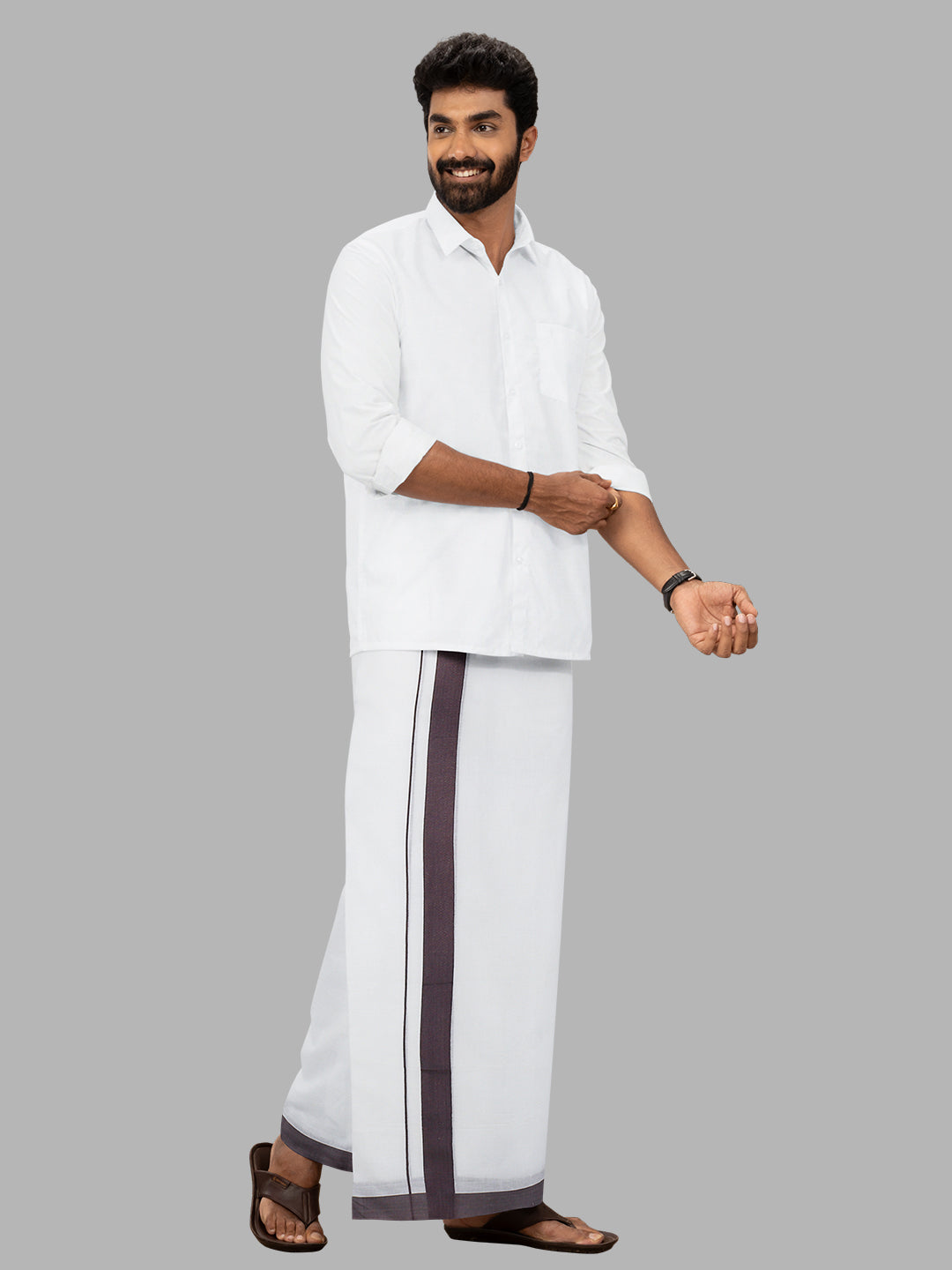 Men Violet Fancy Border Double Layer White Dhoti SSS01