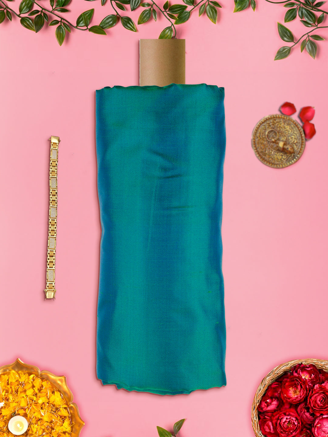 Mens Plain Double Shade Peacock Green Satin Pure Silk 10 Meter Shirt Fabric-View two