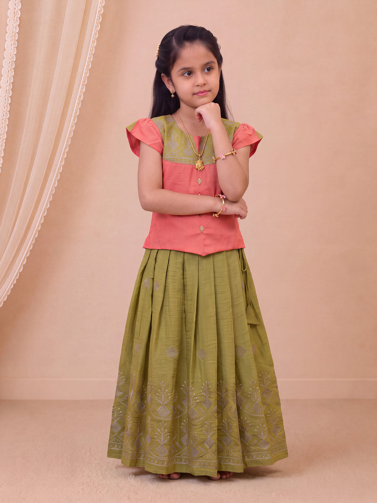 Girls Art Silk Peach Pink with Olive Green Pattu Pavadai Set GPS78