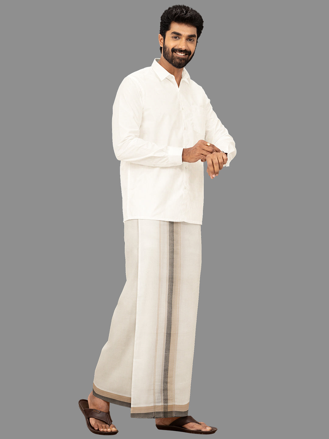 Men Grey Fancy Jari Border Kora Double Dhoti Harmony Fancy