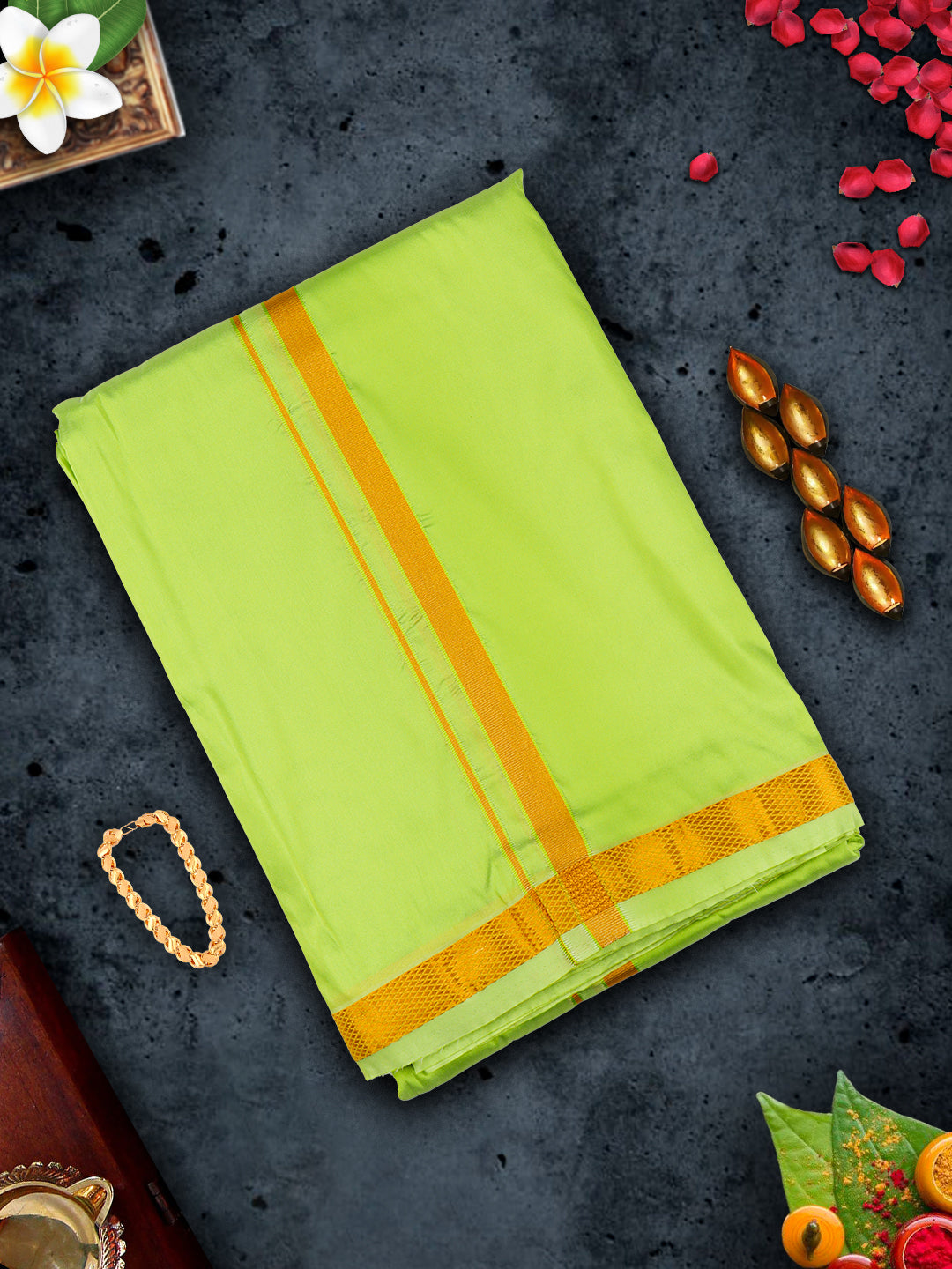Mens Premium Art Silk Parrot Green Shirting & Gold Jari Border Panchakacham Set 9+5 Ashirwath-View two