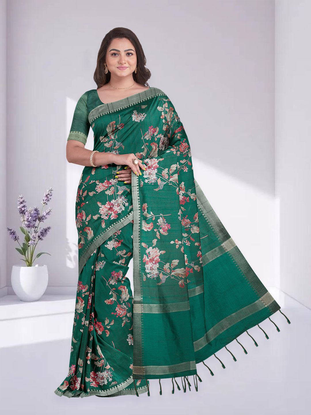 Women Pine Green Semi Raw Silk Printed Saree SRS103