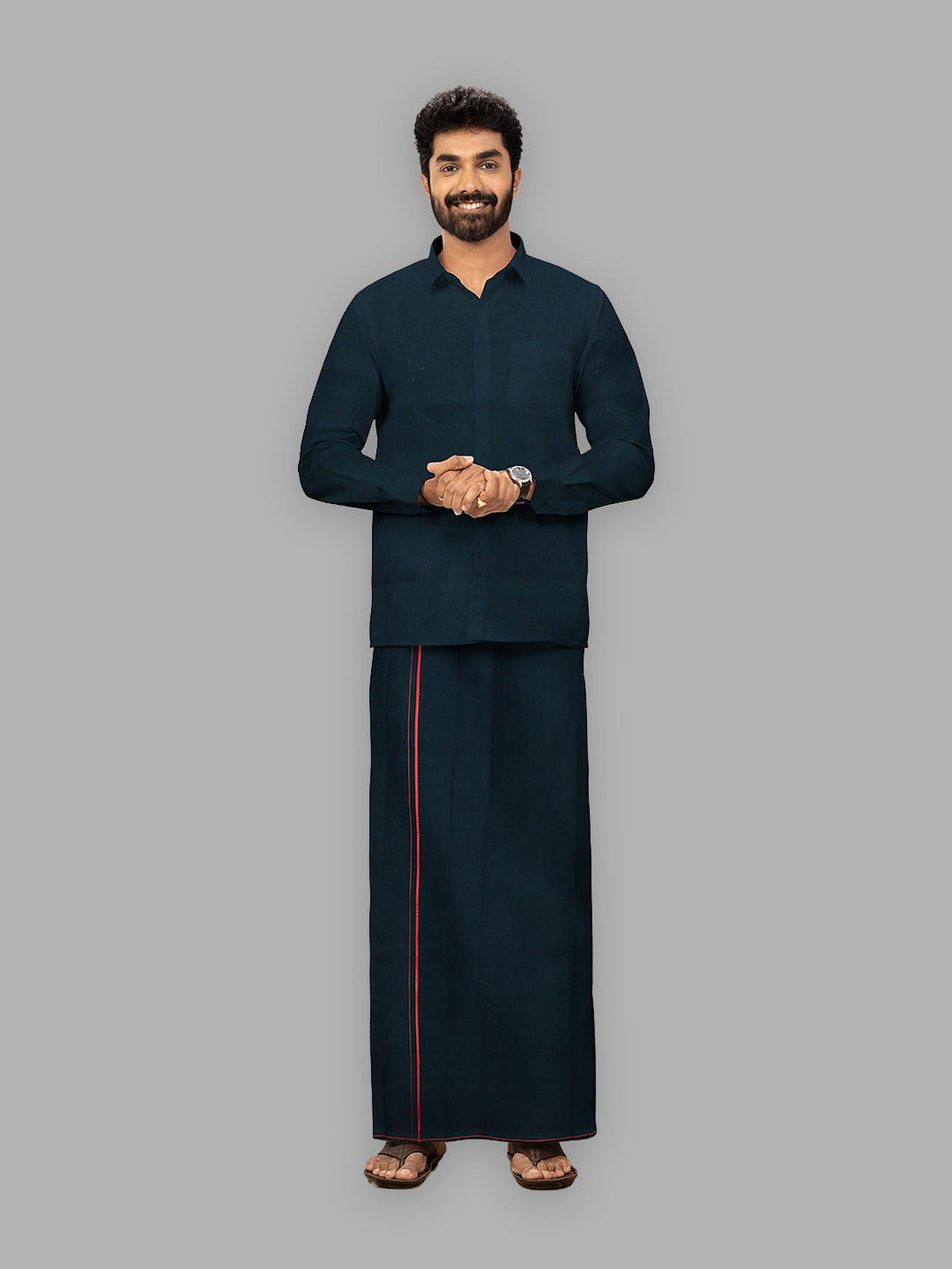 Men Cotton Blend Single Layer Black Dhoti & Towel Set with Red Small Border Sudhan