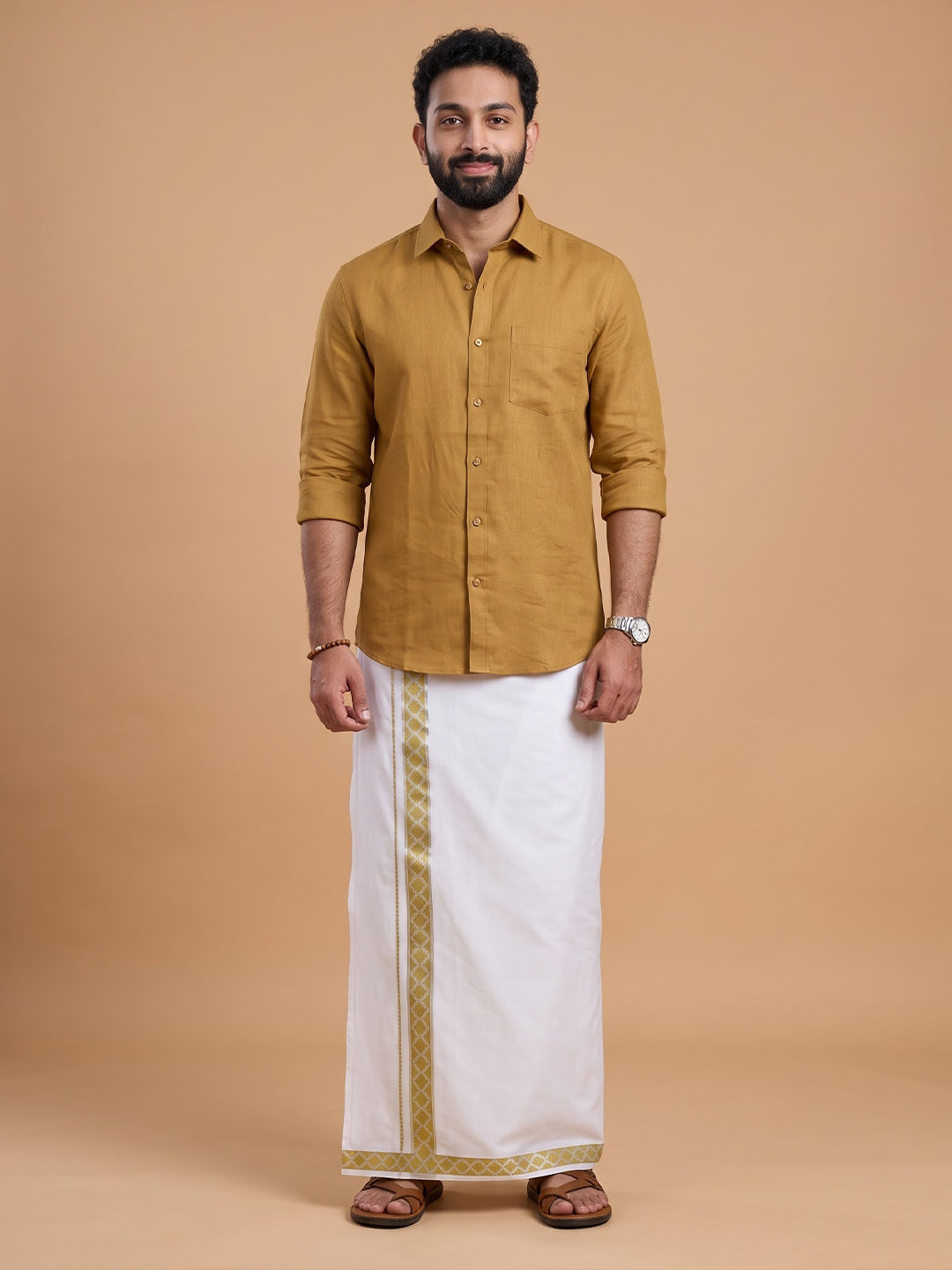 Double Layer 100% Cotton White Dhoti with Colour Jari Border - LC48