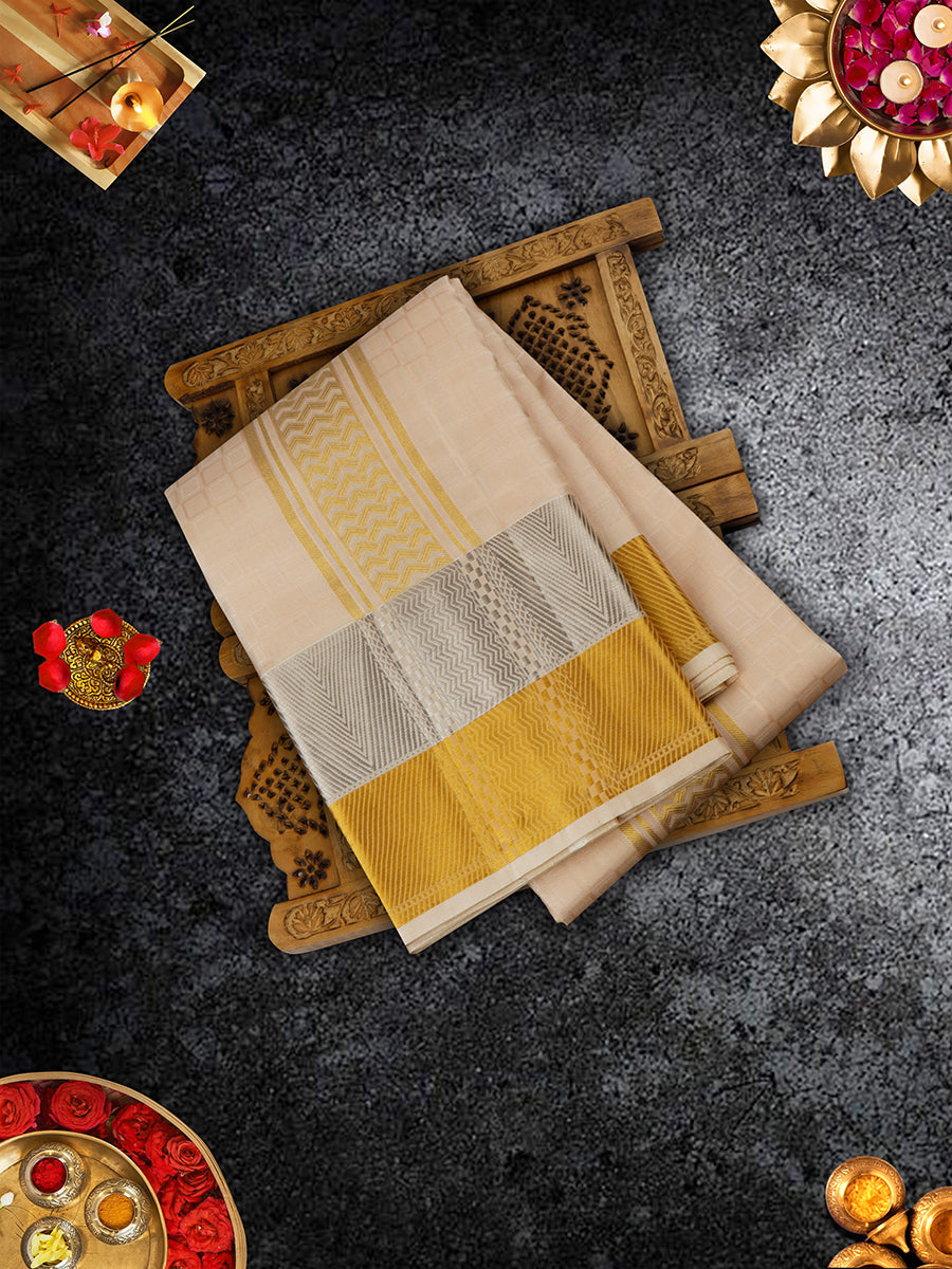 Pure Silk Dark Cream 3" Gold & Siver Jari Border Dhoti With Towel Thirukalyan