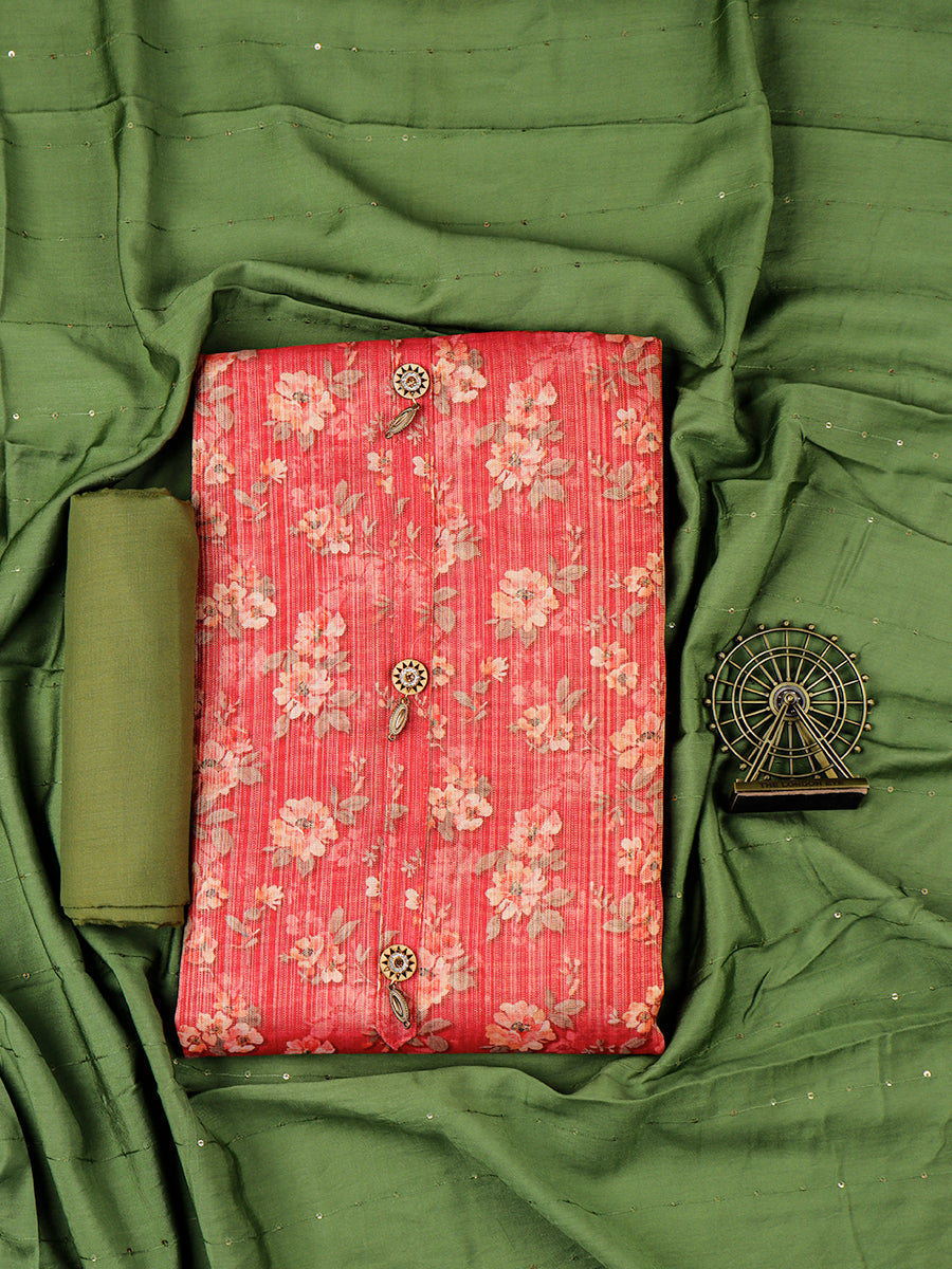 Women Red & Green Flower Digital Print Unstitched Semi Raw Silk Cotton Dress Material DM100