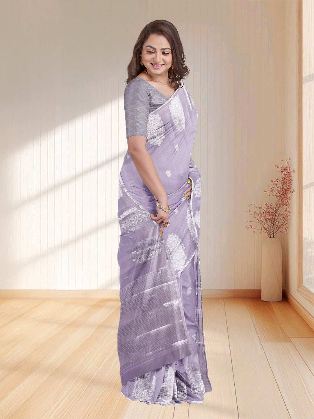 Women Lavender Semi Chanderi Cotton Printed Saree SC52