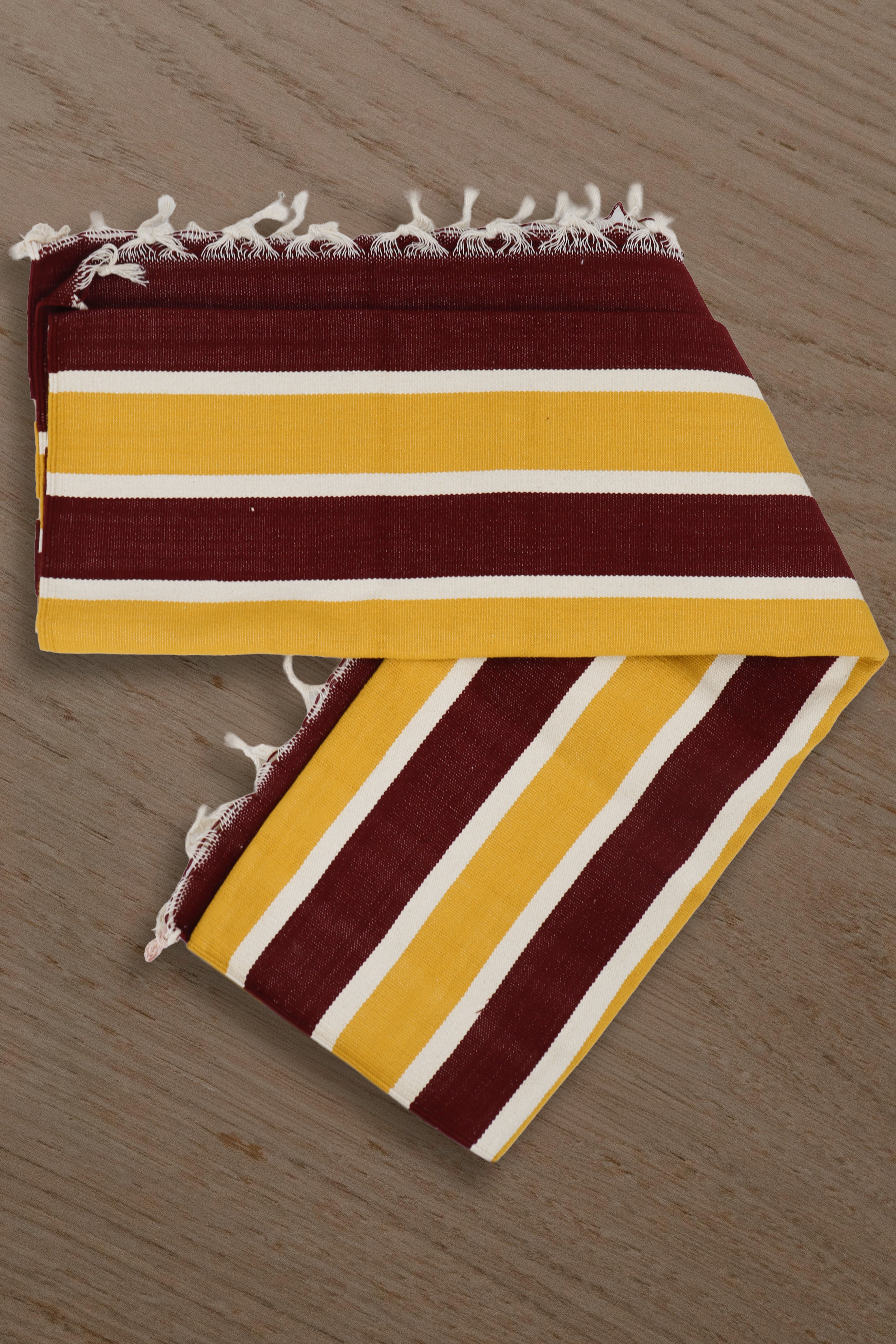 Bhavani Handwoven Cotton Jamakkalam Rug Maroon Base with White & Yellow Stripes (3.25 × 6.5 Ft)