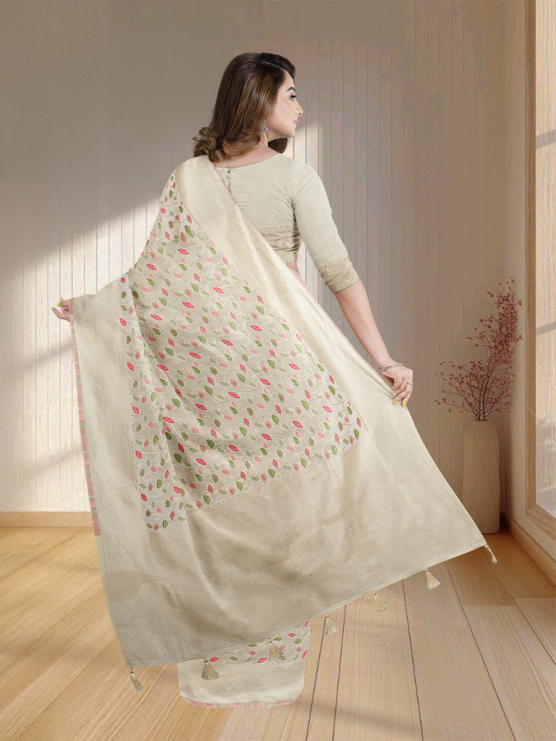 Women Cream Art Silk Embroidered Saree ASS33