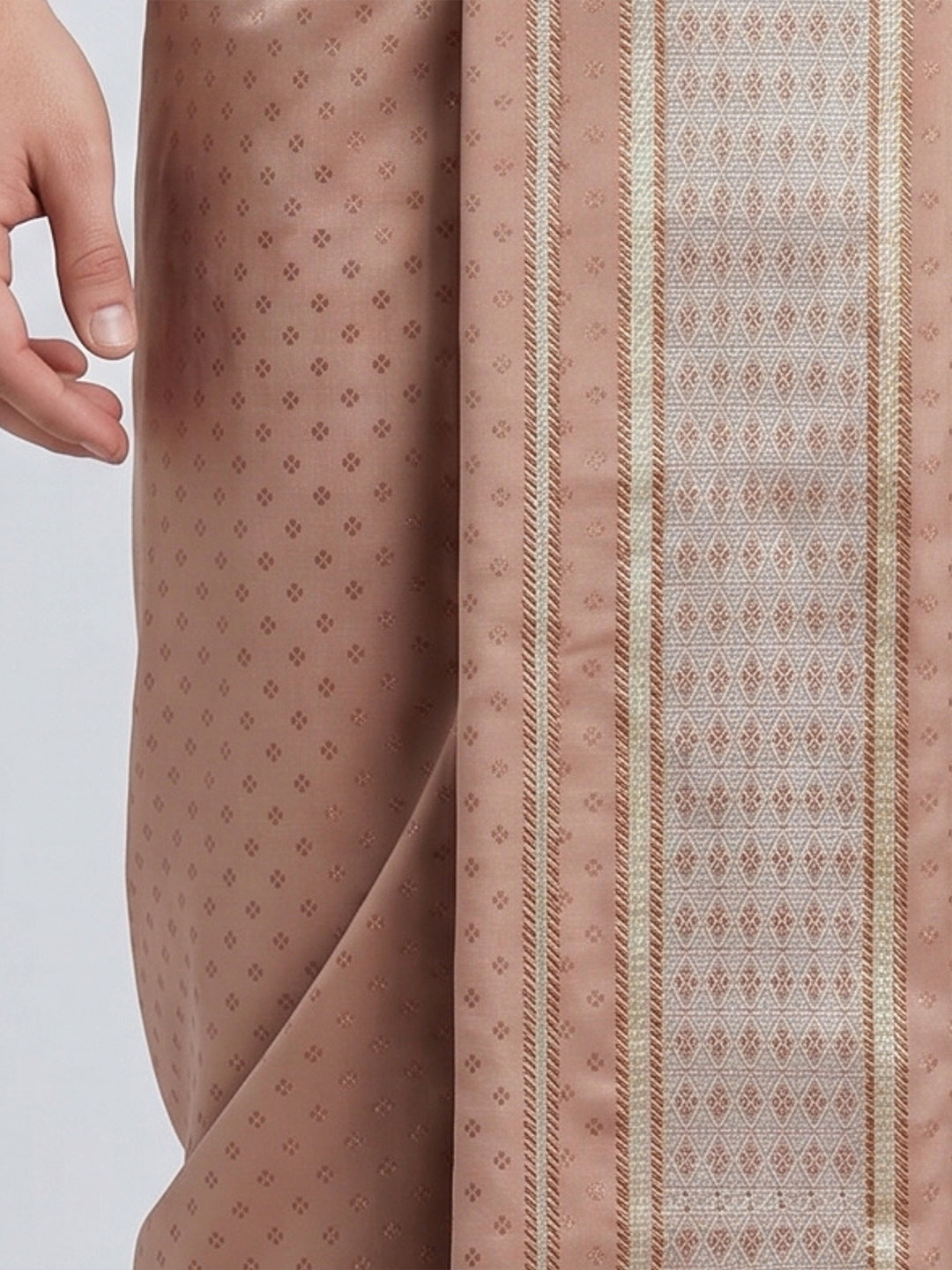 Men Art Silk Jacquard Design Shirt Dhoti & Towel Set Copper Tone Swayamvara Grand CTJD1