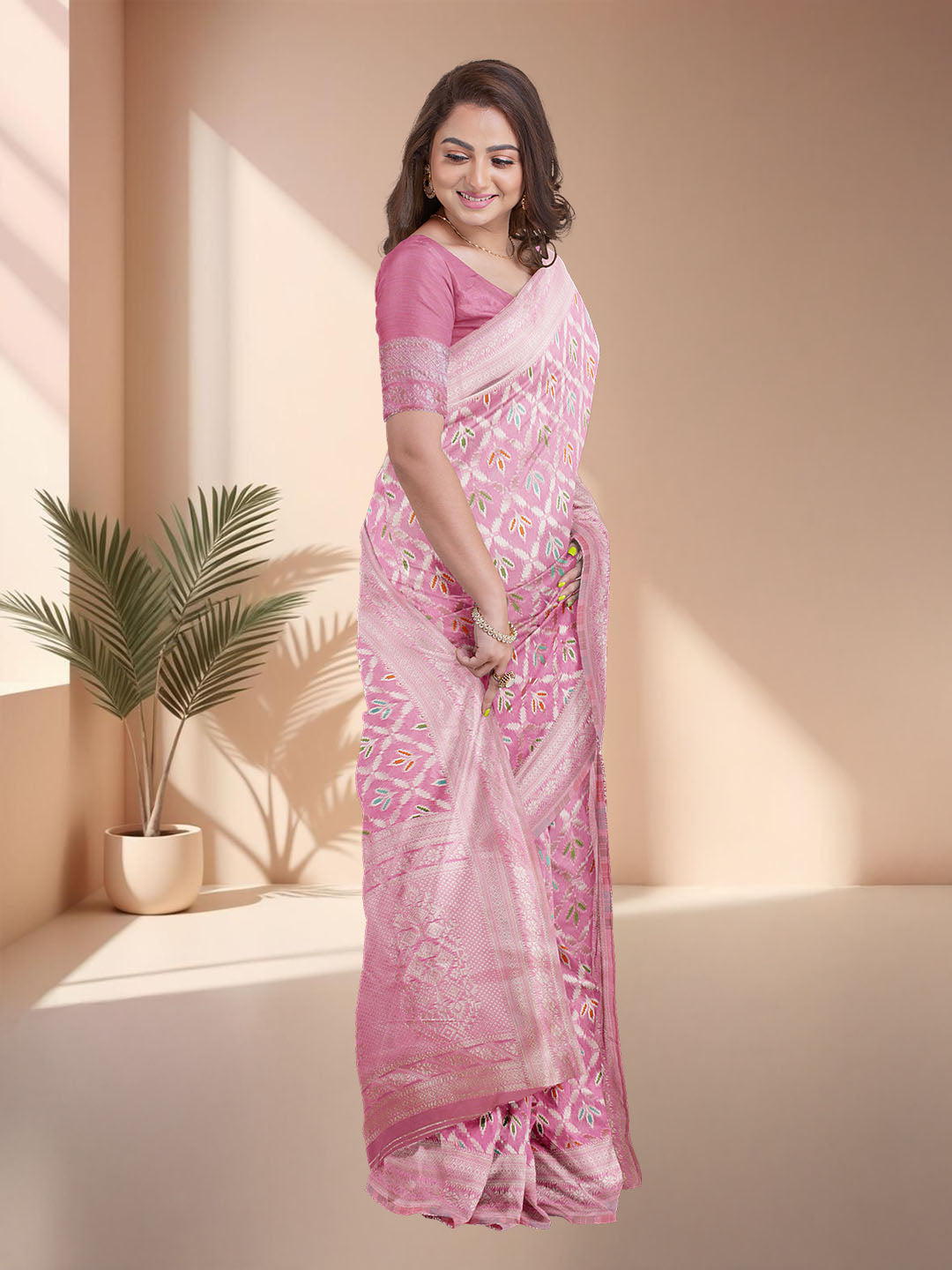 Women Pink Art Silk Printed Saree ASS79