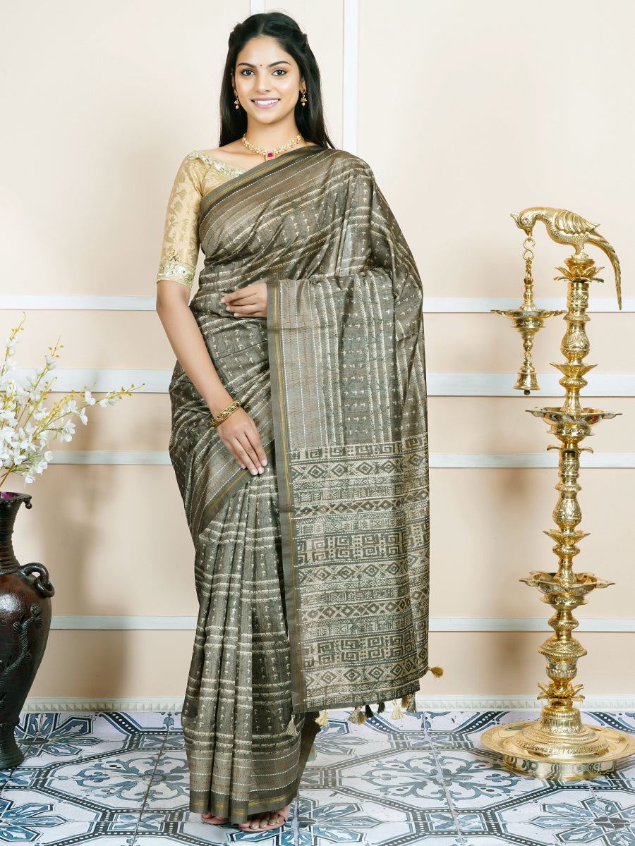 Womens Semi Tussar Weaving Saree Green ST119