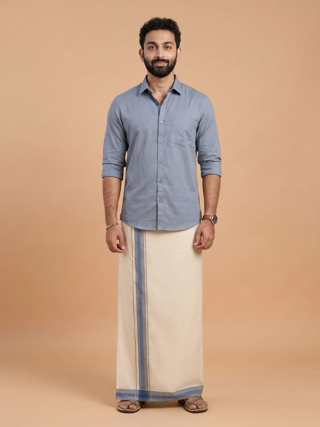 Double Layer Supima Cotton Cream Kora Dhoti with Colour Jari Border - LC42