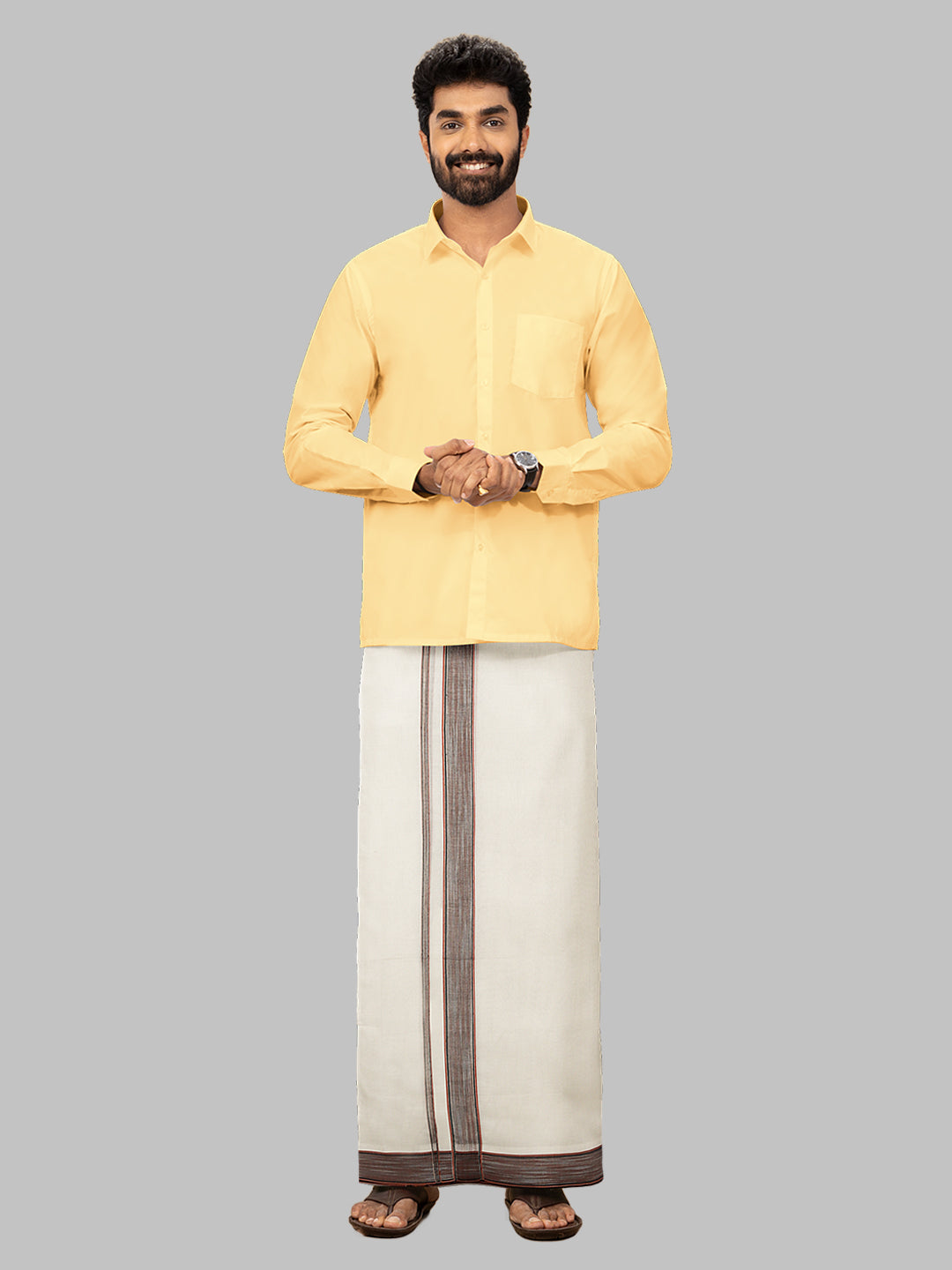 Men Brown Fancy Jari Border Double Layer Kora Dhoti Harmony HF07