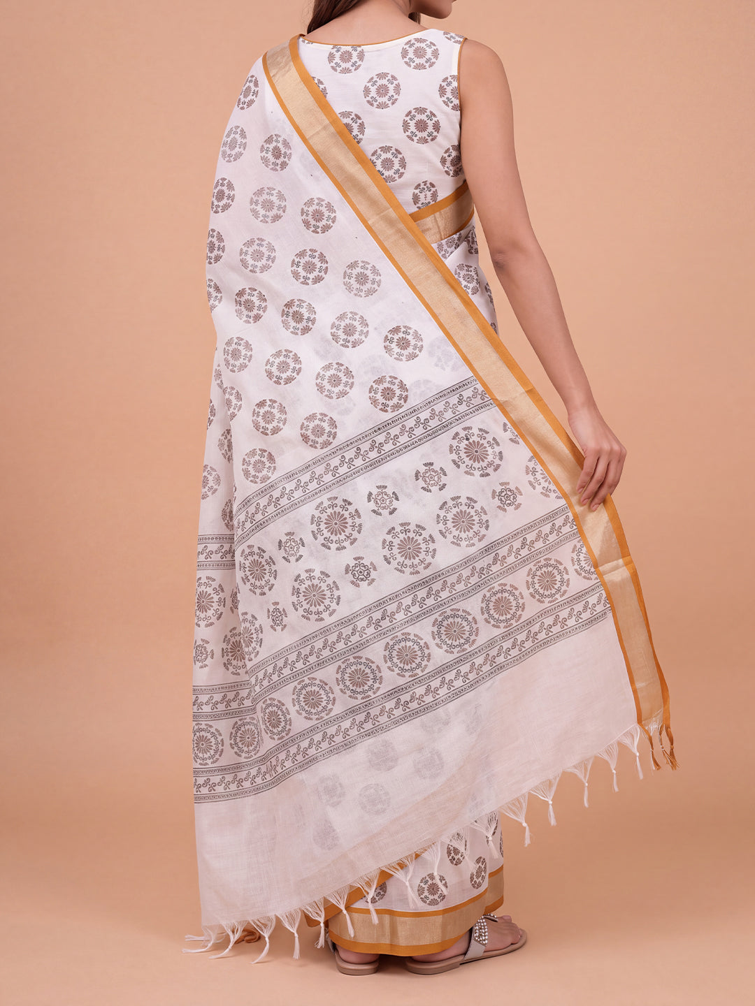 Women Semi Linen White with Brown Printed Saree SL265