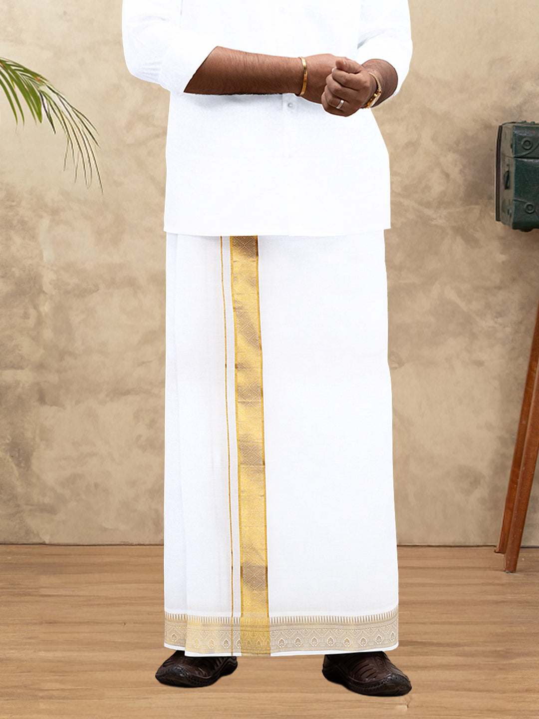 Men 100% Cotton Single Layer White Dhoti with Gold Jari Border Aura 351
