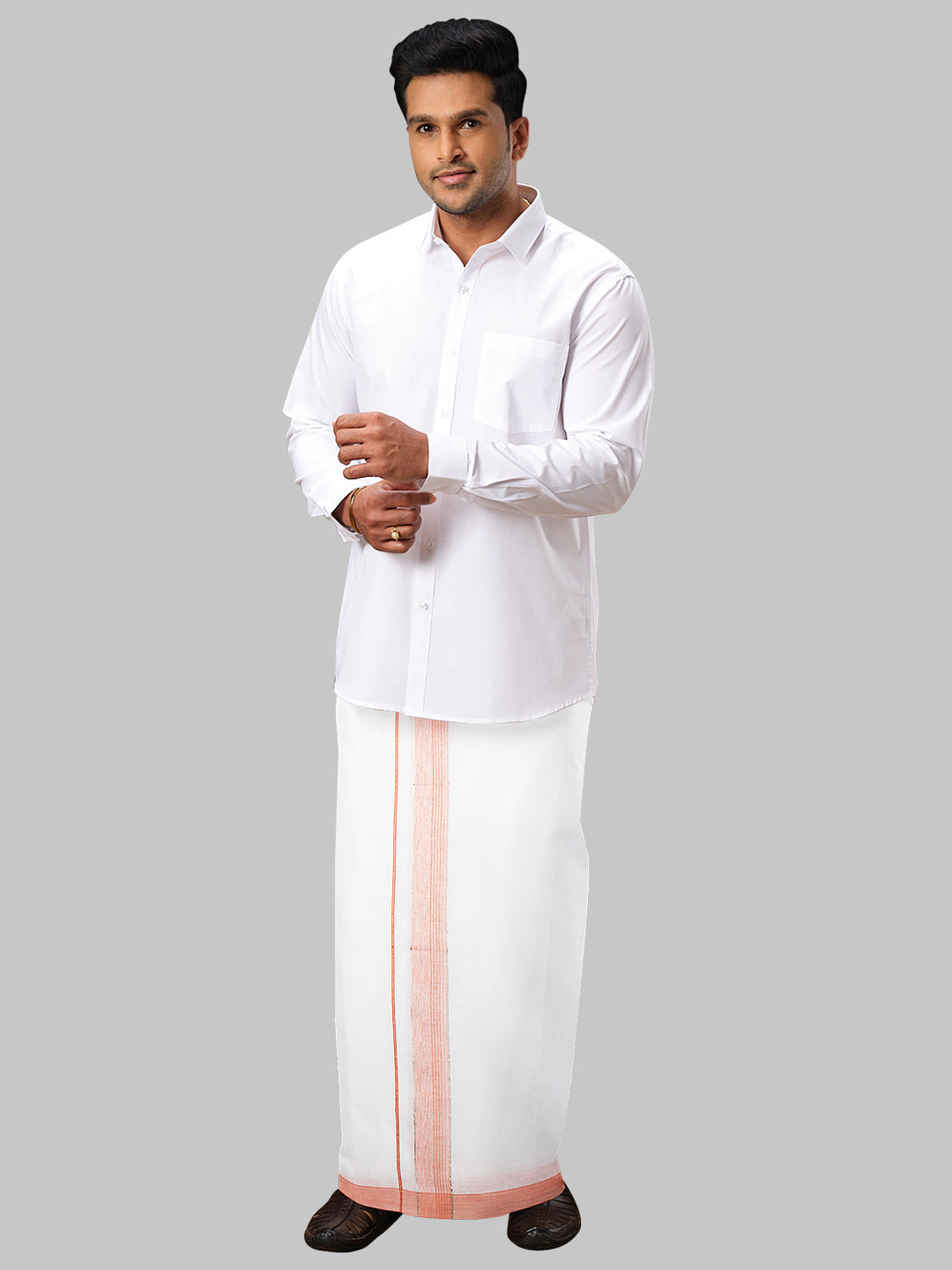 Mens Orange Fancy Jari Border Double Dhoti RSF01